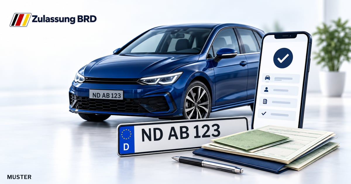 Online Fahrzeugzulassung in Landkreis Neuburg-Schrobenhausen: Musterkennzeichen ND AB 123, Auto und Fahrzeugpapiere und Smartphone. Illustration mit Logo von Zulassung BRD.